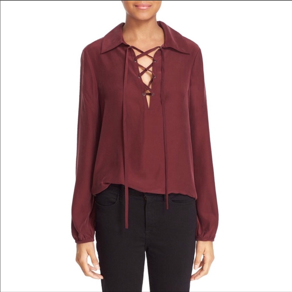 Frame denim silk lace up blouse top sz XS